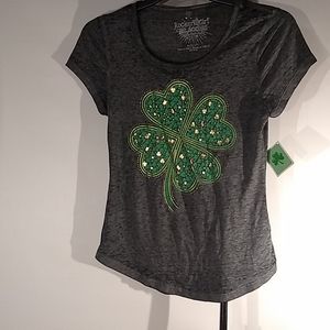 NWT Rocker Girl Clover Leaf Burnout Tee Size M Jr Black Green Gold